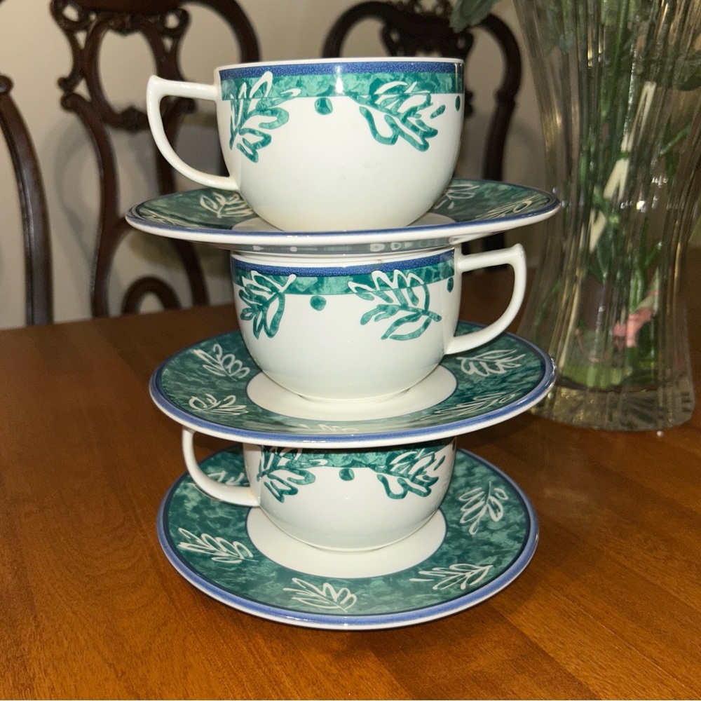 Mikasa Fashion Plate JUMBO Leaf Song White Teal Ironstone Cups Mug Saucer Set